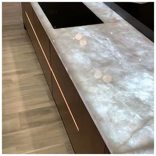 Cristallo Quartzite Backlit Kitchen Waterfall Countertops-KA UNITED Cristallo Quartzite Backlit Kitchen Waterfall Countertops-KA UNITED