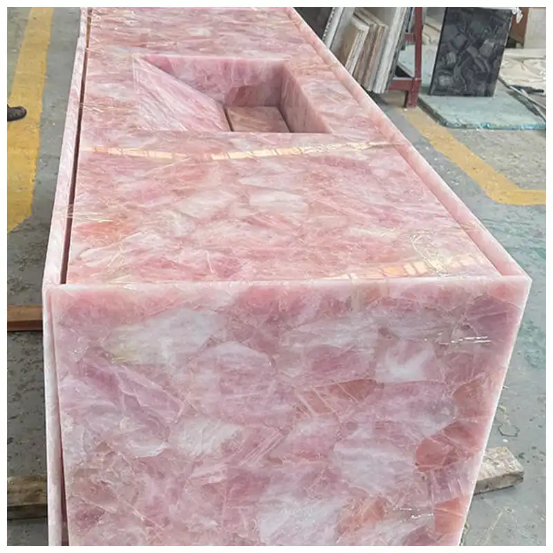 Pink Crystal Rose Quartz Waterfall Countertops Pink Crystal Rose Quartz Waterfall Countertops